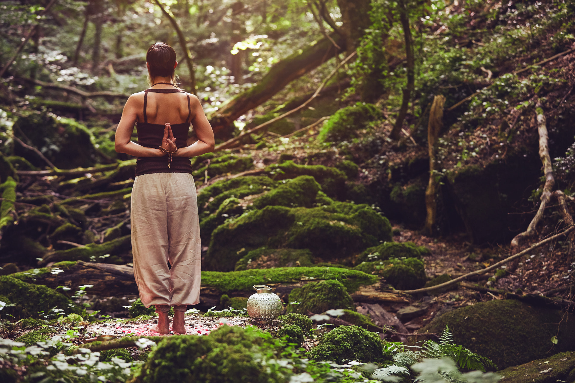 Frau steht in einem lichten Wald und übt Yoga mit den Händen in Namaste hinter dem Rücken